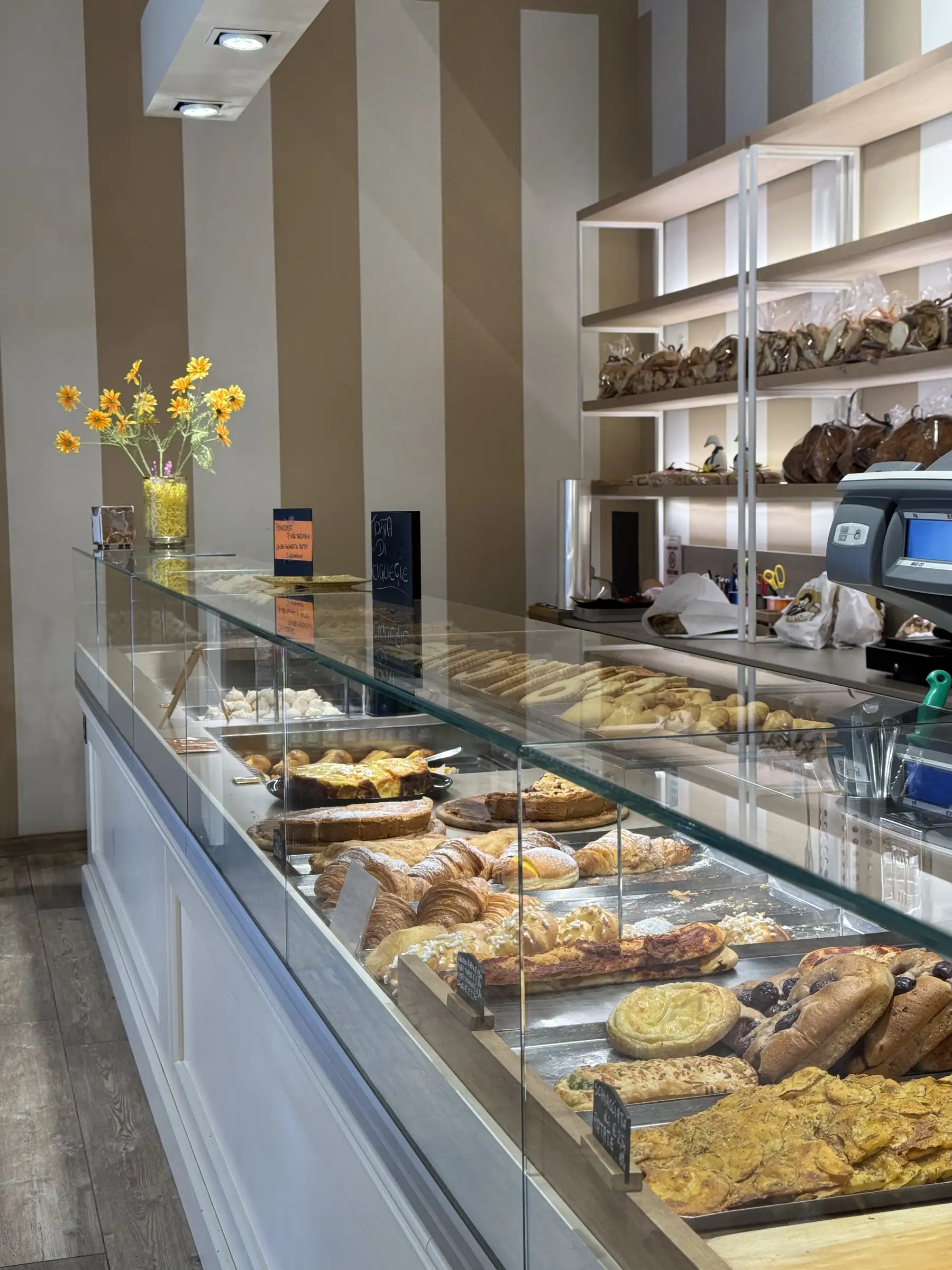 Il bancone del negozio visto per lungo, con il salato in vetrina e gli scaffali del pane sul fondo