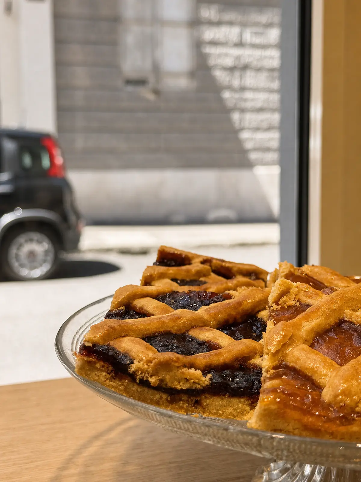 Una crostata di marmellata con la griglia di pasta frolla, su un’alzata di vetro davanti alla vetrina