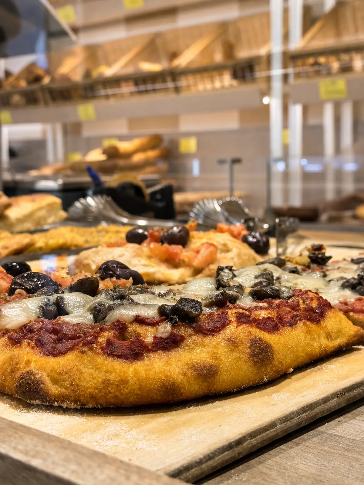 Pizza in teglia appena tagliata sul banco del salato