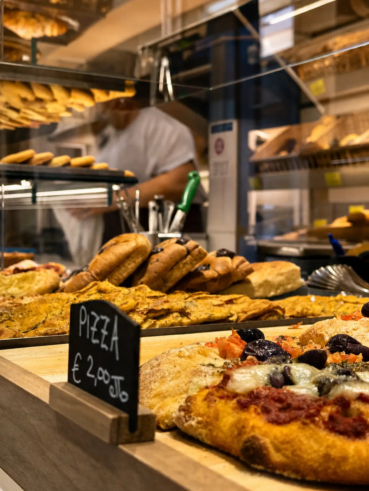 Le teglie della pizza sul banco, con il cartello del prezzo e il laboratorio che lavora dietro
